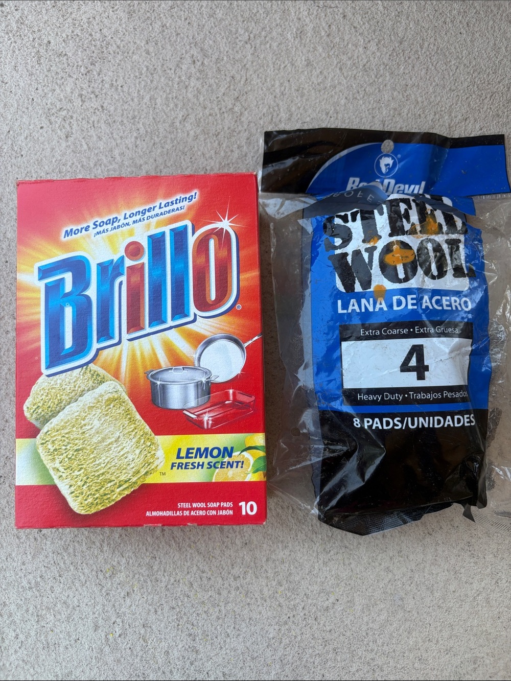 NEW 5 Brillo Lemon Fresh Scent Soap Pads + 2 Red Devil Extra Coarse Steel Wool